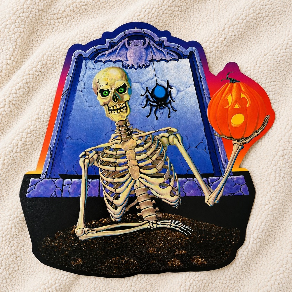 Vintage Halloween Skeleton Pumpkin Cardboard Die Cut Cutout Wall Decor 13.75"